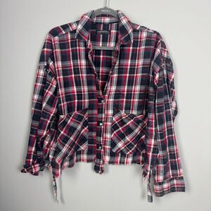 ZARA | Cropped Red Black Plaid Button-Up Shirt Raw Hem Women’s Size Small